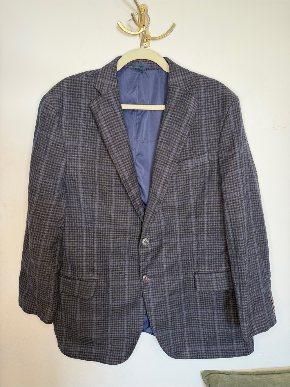 Men's Grey Blue Plaid Two-Button Blazer